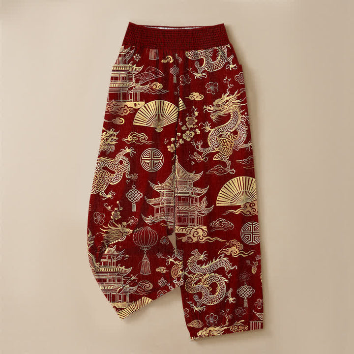 Buddha Stones Pantaloni harem da donna in cotone con motivo drago orientale, pieghe e vita elasticizzata, con tasche. - image 13