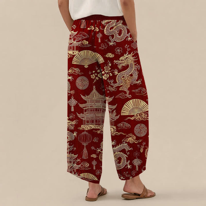 Buddha Stones Pantaloni harem da donna in cotone con motivo drago orientale, pieghe e vita elasticizzata, con tasche. - image 12