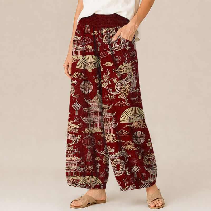 Buddha Stones Pantaloni harem da donna in cotone con motivo drago orientale, pieghe e vita elasticizzata, con tasche. - image 11