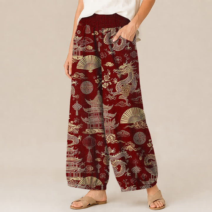 Buddha Stones Pantaloni harem da donna in cotone con motivo drago orientale, pieghe e vita elasticizzata, con tasche. - image 11