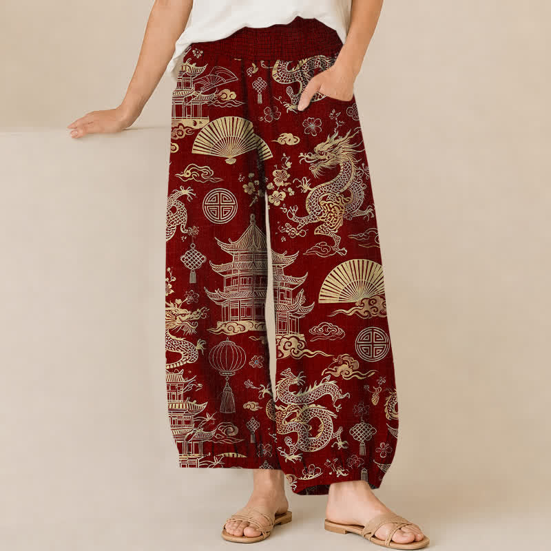 Buddha Stones Pantaloni harem da donna in cotone con motivo drago orientale, pieghe e vita elasticizzata, con tasche. - Marrone - US16, UK/AU20, EU48 (3XL) - image 10