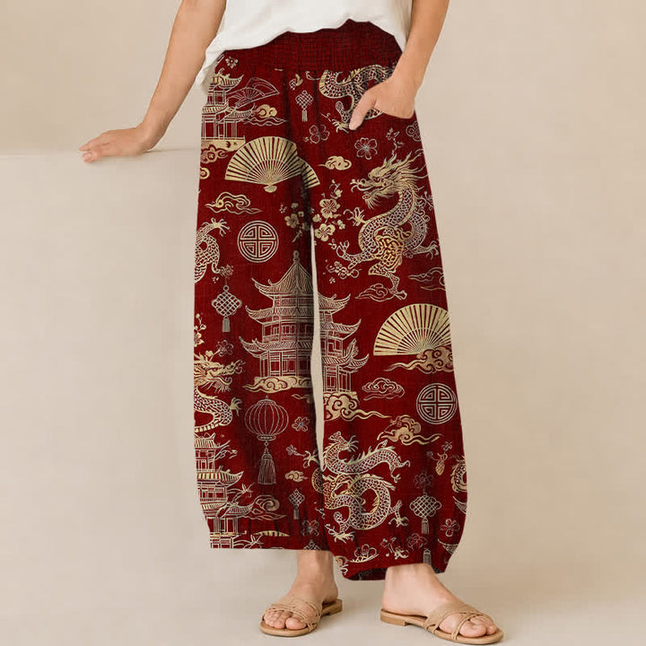 Buddha Stones Pantaloni harem da donna in cotone con motivo drago orientale, pieghe e vita elasticizzata, con tasche. - Marrone - US16, UK/AU20, EU48 (3XL) - image 10