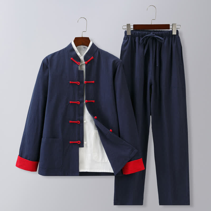 Buddha Stones Set di abbigliamento da meditazione da uomo in cotone e lino, stile Tang, autunno/inverno, con colletto alla coreana e bottoni a rana. - Blu navy con bottoni rossi - US/UK/AU46, EU56 (5XL) - image 0