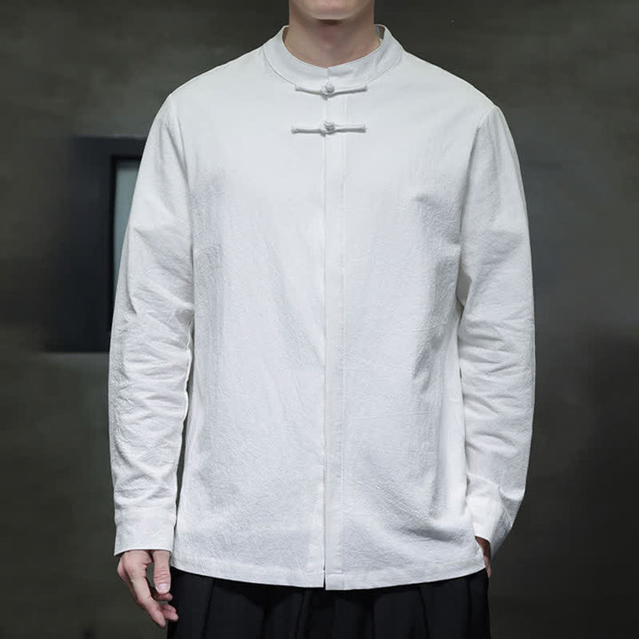 Buddha Stones Camicia da uomo a maniche lunghe, stile Spring Tang, minimalista, con bottoni a rana, tinta unita. - image 1
