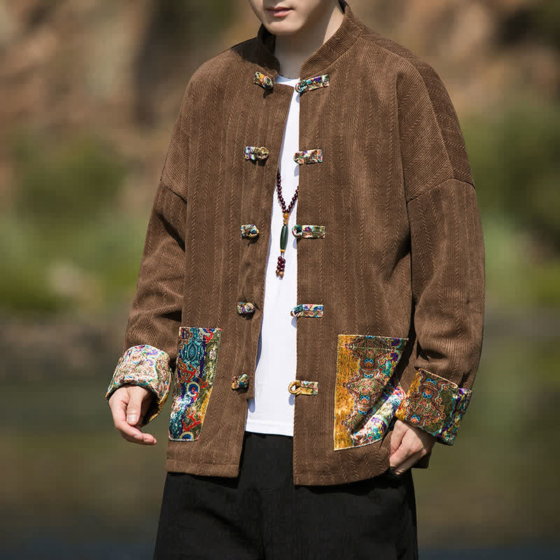 Buddha Stones Giacca da uomo casual autunno/inverno in stile Tang con bottoni a rana e tasche colorate. - Marrone sella - US/UK/AU46, EU56 (5XL) - image 0