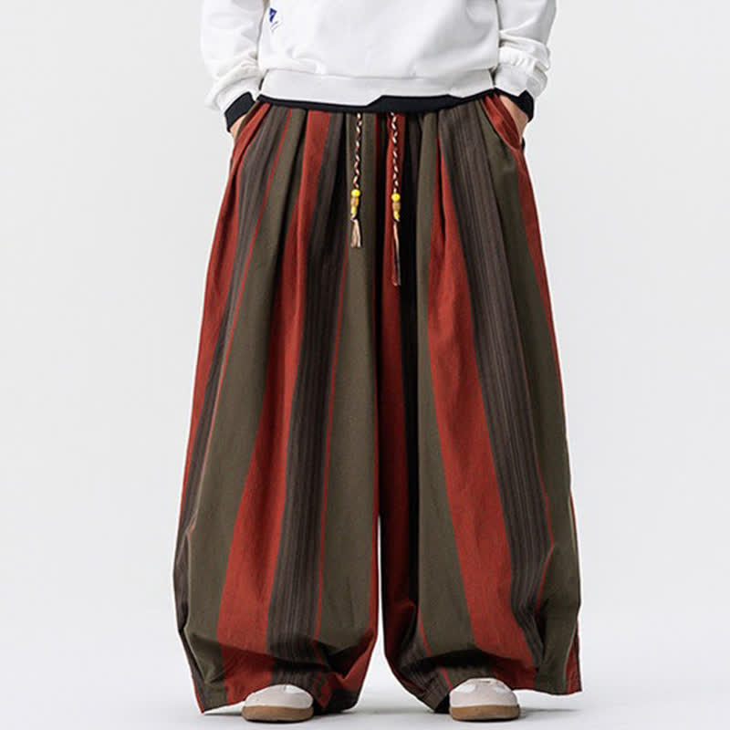 Buddha Stones Pantaloni casual primavera autunno vintage con coulisse a righe alla caviglia, pantaloni da uomo a gamba larga in velluto a coste con tasche - Rosso - US/UK/AU46, EU56 (5XL) - image 0