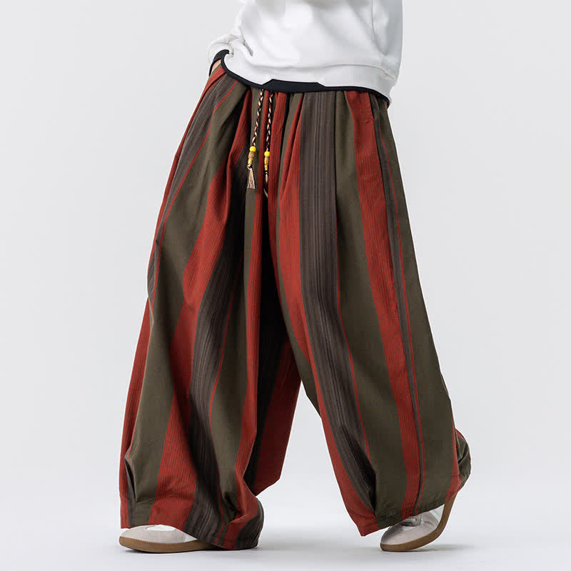 Buddha Stones Pantaloni casual primavera autunno vintage con coulisse a righe alla caviglia, pantaloni da uomo a gamba larga in velluto a coste con tasche - image 1