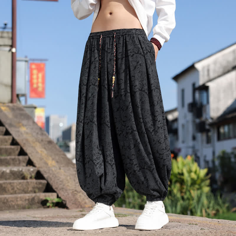 Buddha Stones Pantaloni harem da uomo in velluto a coste, stile vintage, con coulisse, per primavera e autunno, con stampa floreale e tasche. - Nero - US/UK/AU52, EU62 (8XL) - image 0