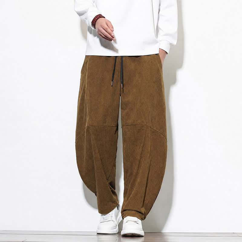 Buddha Stones Pantaloni classici autunnali semplici con coulisse, tinta unita, in velluto a coste, da uomo, affusolati con tasca - Marrone sella - US/UK/AU46, EU56 (5XL) - image 0