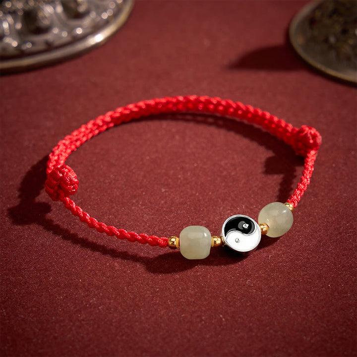 Buddha Stones Bracciale in lega con perline di giada Hetian Yin Yang e filo rosso. - image 2