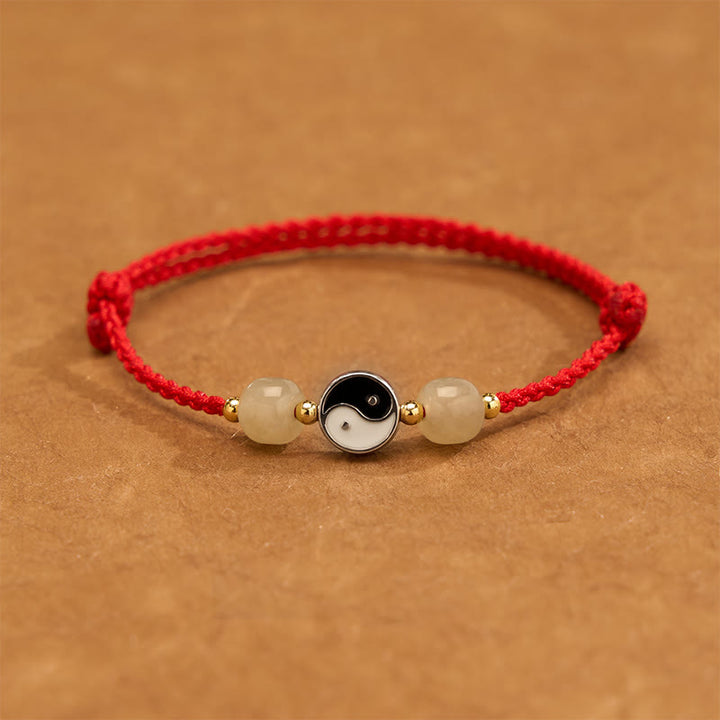 Buddha Stones Bracciale in lega con perline di giada Hetian Yin Yang e filo rosso. - Filo rosso scuro - 6,3-7,1 pollici (16-18 cm) - image 0