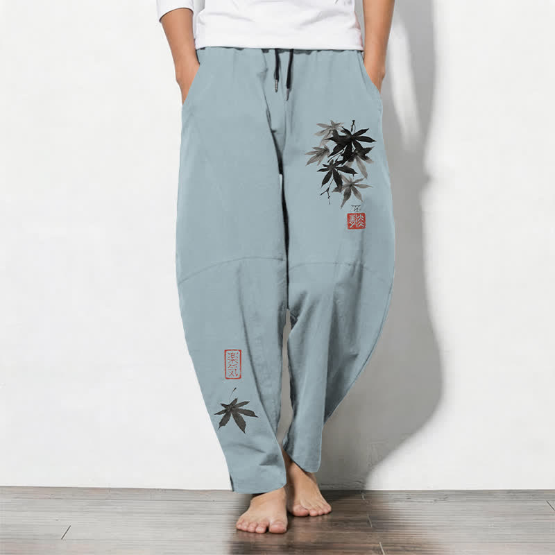 Buddha Stones Pantaloni da uomo affusolati in puro cotone con coulisse e tasche, fantasia artistica a motivo bambù. - Azzurro chiaro - US/UK/AU50, EU60 (5XL) - image 0