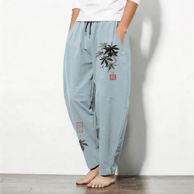 Buddha Stones Pantaloni da uomo affusolati in puro cotone con coulisse e tasche, fantasia artistica a motivo bambù. - image 1
