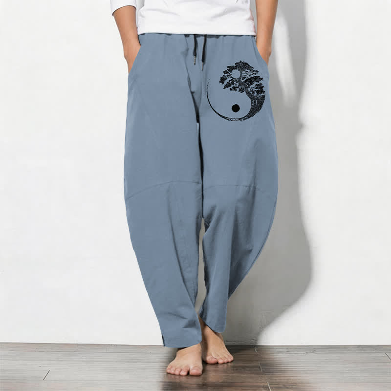Buddha Stones Pantaloni da uomo affusolati con coulisse e tasche, in puro cotone, con motivo Yin Yang e montagna inchiostrata. - Blu acciaio chiaro - US/UK/AU50, EU60 (5XL) - image 0