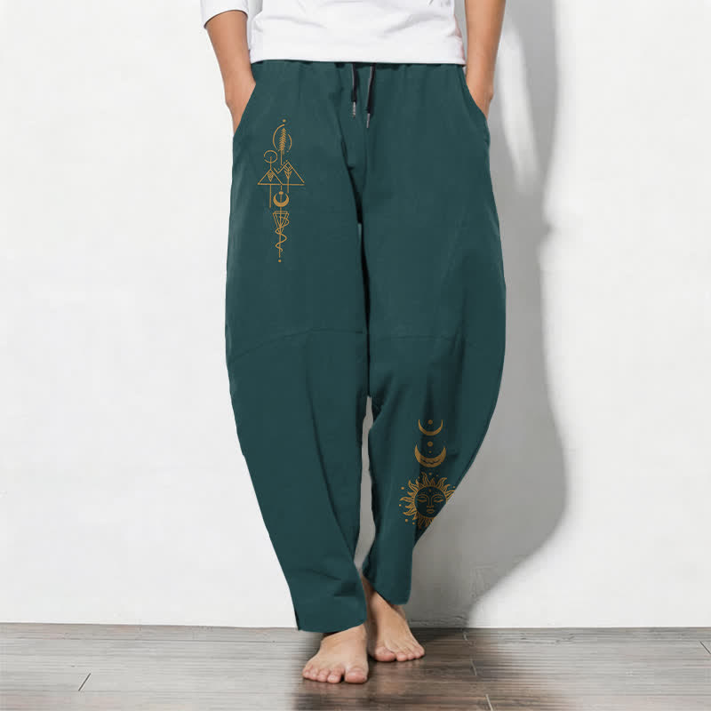 Buddha Stones Pantaloni da uomo affusolati in puro cotone con coulisse e tasche, motivo fasi lunari in stile bohémien. - Verde acqua - US/UK/AU50, EU60 (5XL) - image 0