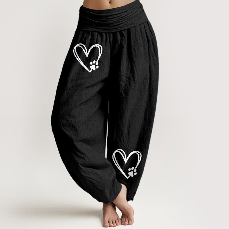 Buddha Stones Pantaloni harem da donna in puro cotone con motivo minimalista a cuori e zampe, con elastico in vita. - Nero - US16, UK/AU20, EU48 (3XL) - image 0
