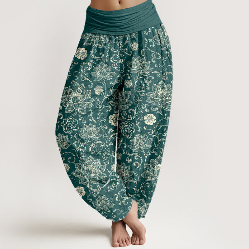 Buddha Stones Pantaloni harem da donna in cotone stile bohémien con motivo a loto e stampa floreale, con elastico in vita. - Verde acqua - US16, UK/AU20, EU48 (3XL) - image 0