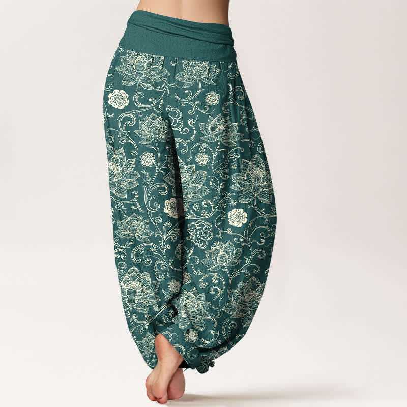 Buddha Stones Pantaloni harem da donna in cotone stile bohémien con motivo a loto e stampa floreale, con elastico in vita. - image 1