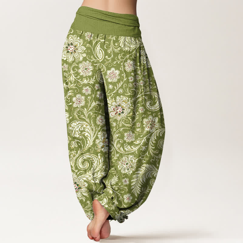 Buddha Stones Pantaloni harem da donna in cotone stile boho con motivo floreale, foglie e viticci, stile Tang Dynasty, con elastico in vita. - image 1