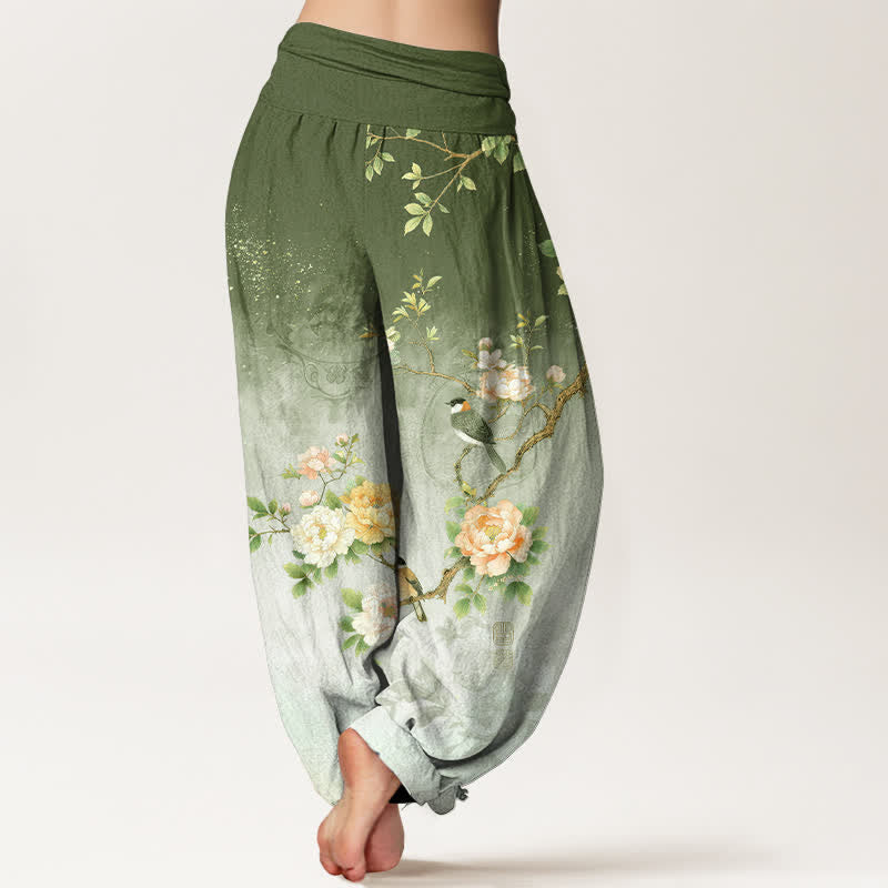 Buddha Stones Pantaloni harem da donna in cotone con motivo botanico a rami e uccelli, con elastico in vita. - image 1