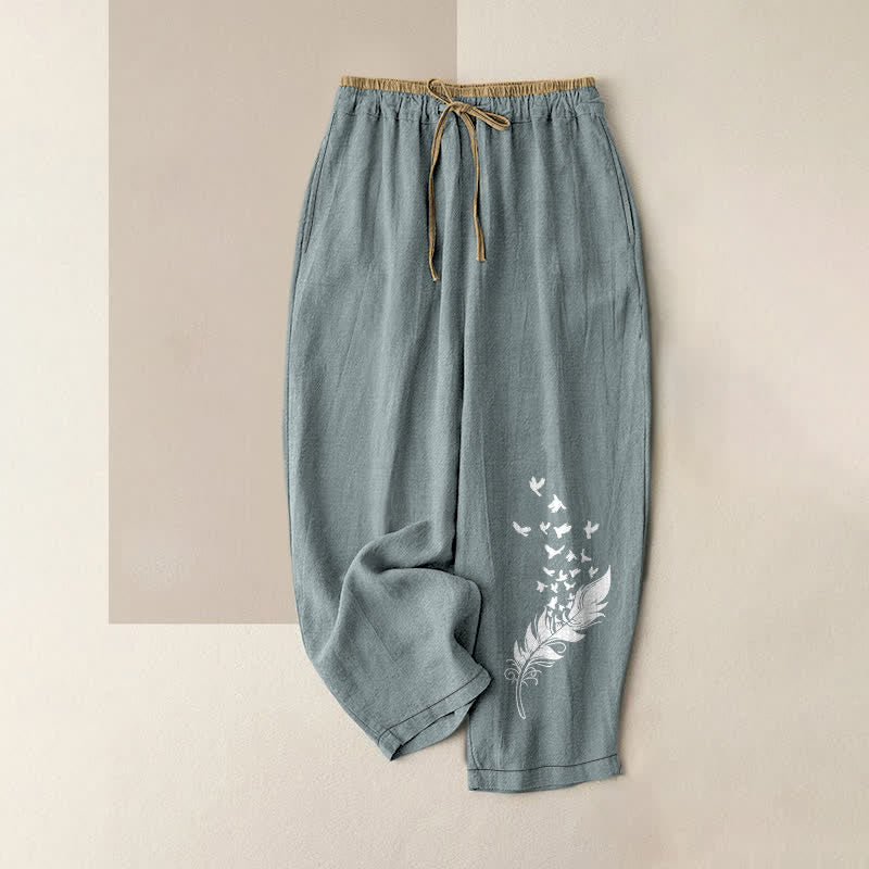 Buddha Stones Pantaloni da donna in puro cotone con elastico in vita e tasche, con motivo floreale e uccelli poetici. - Azzurro chiaro - US16, UK/AU20, EU48 (3XL) - image 0