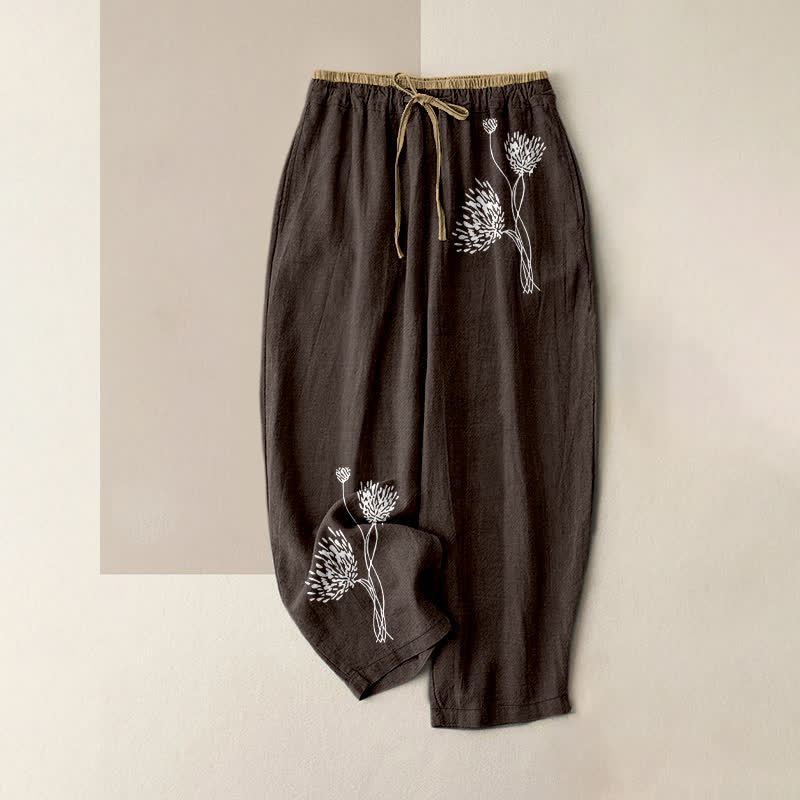 Buddha Stones Pantaloni da donna in puro cotone, minimalisti, con motivo floreale e vita elasticizzata, dotati di tasche. - Marrone sella - US16, UK/AU20, EU48 (3XL) - image 0