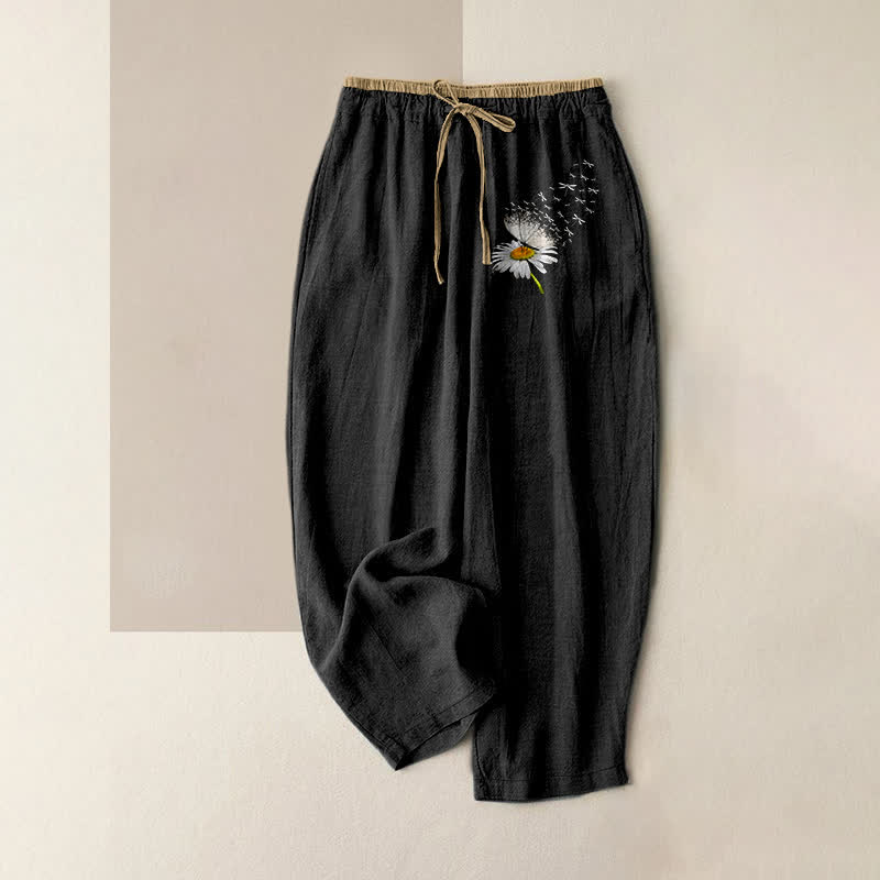 Buddha Stones Pantaloni da donna in puro cotone con elastico in vita e tasche, fantasia minimalista a margherite. - Nero - US16, UK/AU20, EU48 (3XL) - image 0