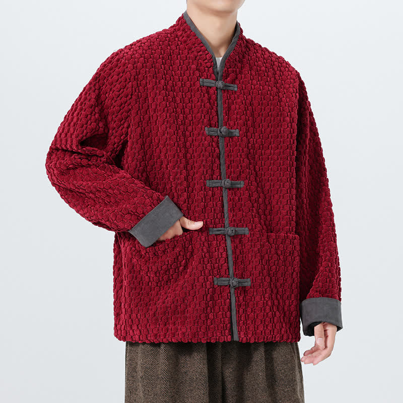 Buddha Stones Giacca da uomo in velluto a coste tinta unita, stile Tang, vintage, con colletto alla coreana, bottoni a rana e tasche, per autunno/inverno. - Rosso scuro - US/UK/AU46, EU56 (5XL) - image 0