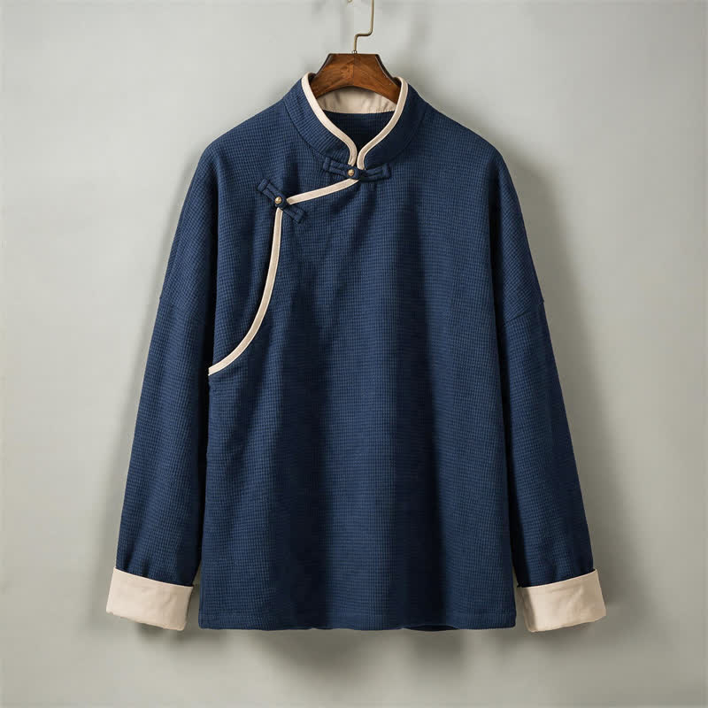 Buddha Stones Giacca da uomo in velluto a coste, stile vintage, casual, autunno/inverno, con colletto alla coreana, polsini a contrasto e vestibilità aderente. - Blu notte - US/UK/AU46, EU56 (5XL) - image 0