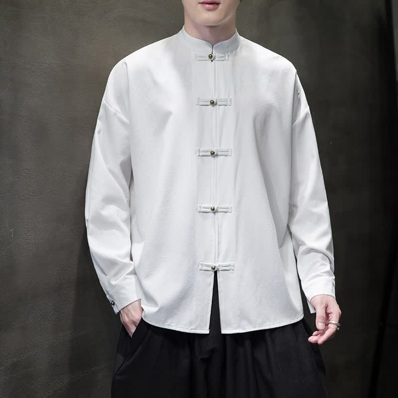 Buddha Stones Camicia da uomo a maniche lunghe, stile Tang, con colletto alla coreana e bottoni a rana, tinta unita, per la primavera. - image 1