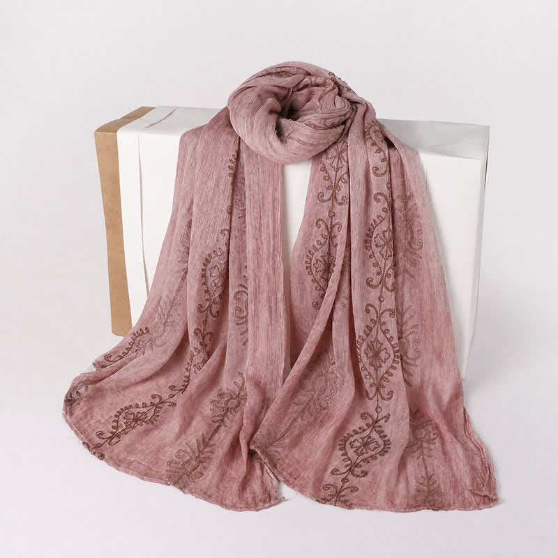Buddha Stones Sciarpa da donna leggera con bordo floreale vintage e foglie, ideale per primavera e autunno. - Rosa - Circa 180 cm - image 1