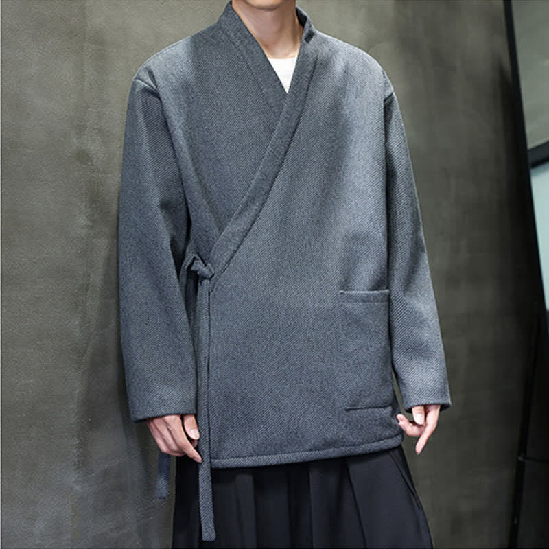 Buddha Stones Kimono da uomo minimalista, tinta unita, con lacci e tasche, ideale per autunno/inverno. - Grigio tenue - US/UK/AU48, EU58 (4XL) - image 0