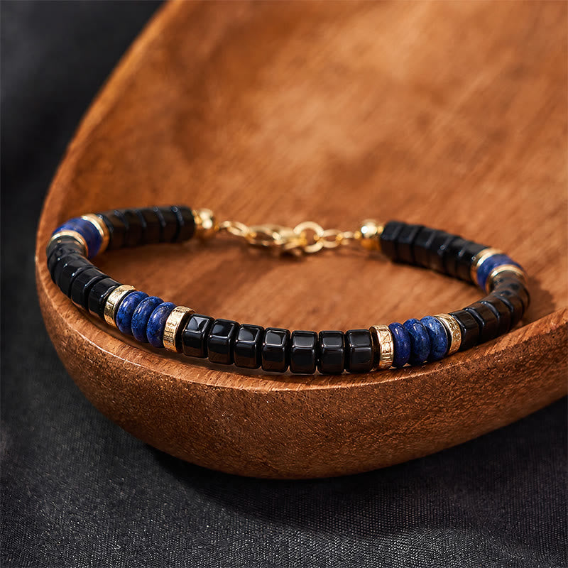 Buddha Stones Bracciale con perline Truth Cube in lapislazzuli e onice nera - image 1