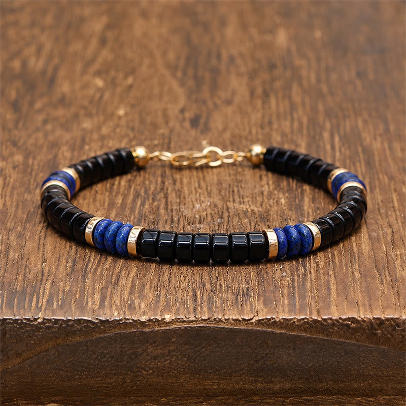 Buddha Stones Bracciale con perline Truth Cube in lapislazzuli e onice nera - Lapislazzuli (Saggezza ♥ Verità) (Circonferenza del polso: 18-19 cm) - image 0