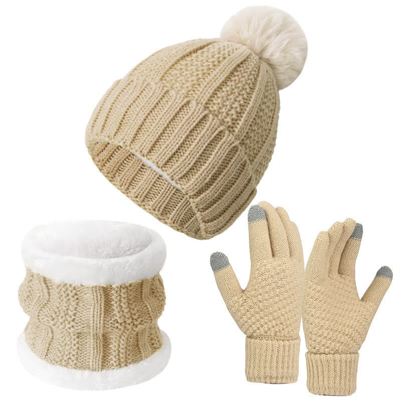 Buddha Stones Cappello, sciarpa e guanti invernali da donna in maglia con pompon e motivo a coste intrecciate. - Set da tre pezzi beige - image 0