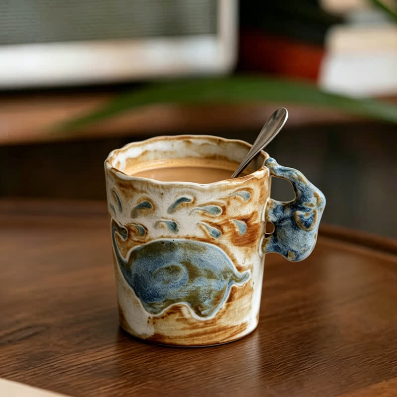 Buddha Stones Tazza da caffè in ceramica Retro Elephant da 250 ml - Coppa dell'Elefante Blu - Ceramica - image 0