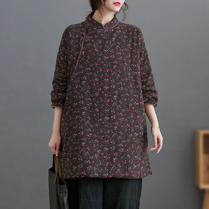 Buddha Stones Camicie da donna a maniche lunghe, stile vintage Tang, con colletto alla coreana, stampa floreale a piccoli motivi, foderate in pile, con tasche, per autunno/inverno. - Marrone sella - US4, UK/AU8, EU36-44 (F) - image 0