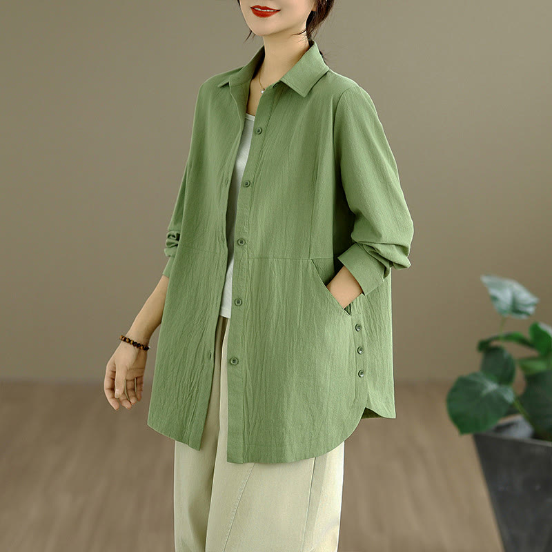 Buddha Stones Camicia da donna a maniche lunghe, tinta unita, primaverile, casual e minimalista, con bottoni e tasche. - Verde Mare Scuro - US8-10, UK/AU12-14, EU40-42 (2XL) - image 0