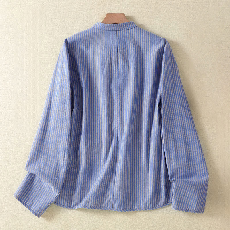 Buddha Stones Camicia da donna a maniche lunghe, stile Tang, con bottoni a rana, righe blu, a righe, con tasche, ideale per primavera e autunno. - image 1