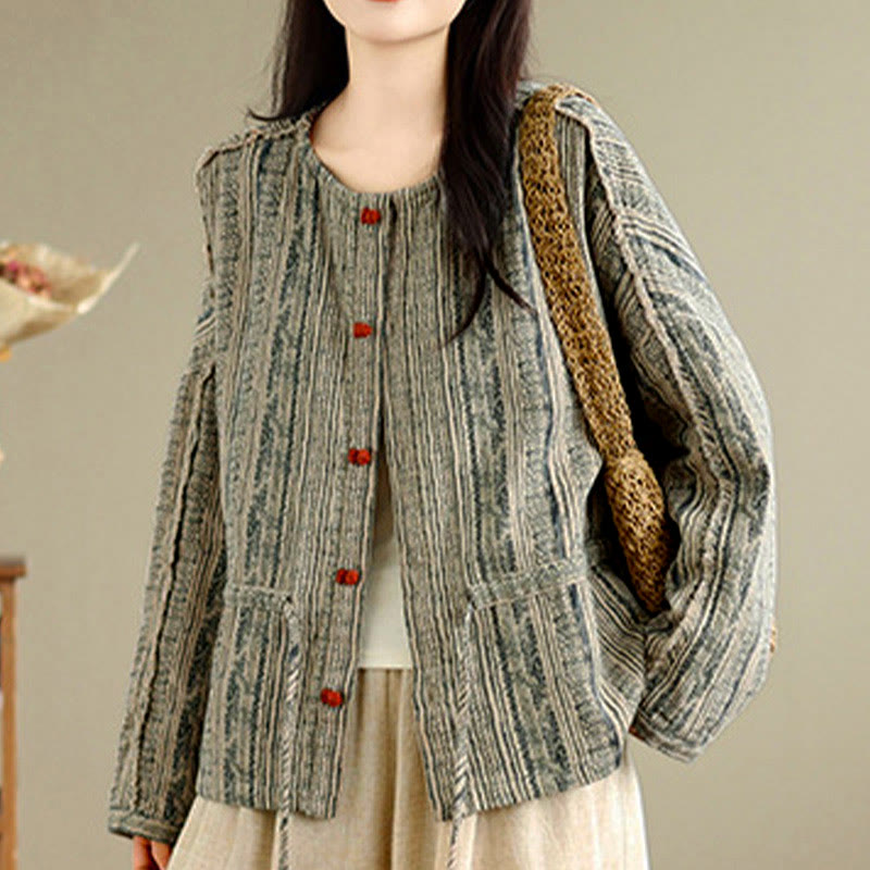 Buddha Stones Camicia da donna a maniche lunghe, stile vintage, a righe grigie, con bottoni, casual, autunno/inverno, con stampa geometrica. - image 1