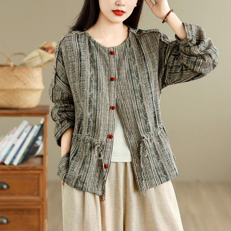 Buddha Stones Camicia da donna a maniche lunghe, stile vintage, a righe grigie, con bottoni, casual, autunno/inverno, con stampa geometrica. - Grigio - US8-10, UK/AU12-14, EU40-42 (2XL) - image 0