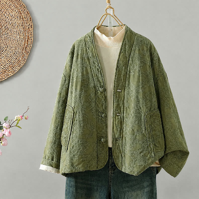Buddha Stones Giacca da donna autunno/inverno in stile vintage Tang con bottoni a rana e motivo floreale, con tasche. - Verde Mare Scuro - US14, UK/AU18, EU46 (2XL) - image 0