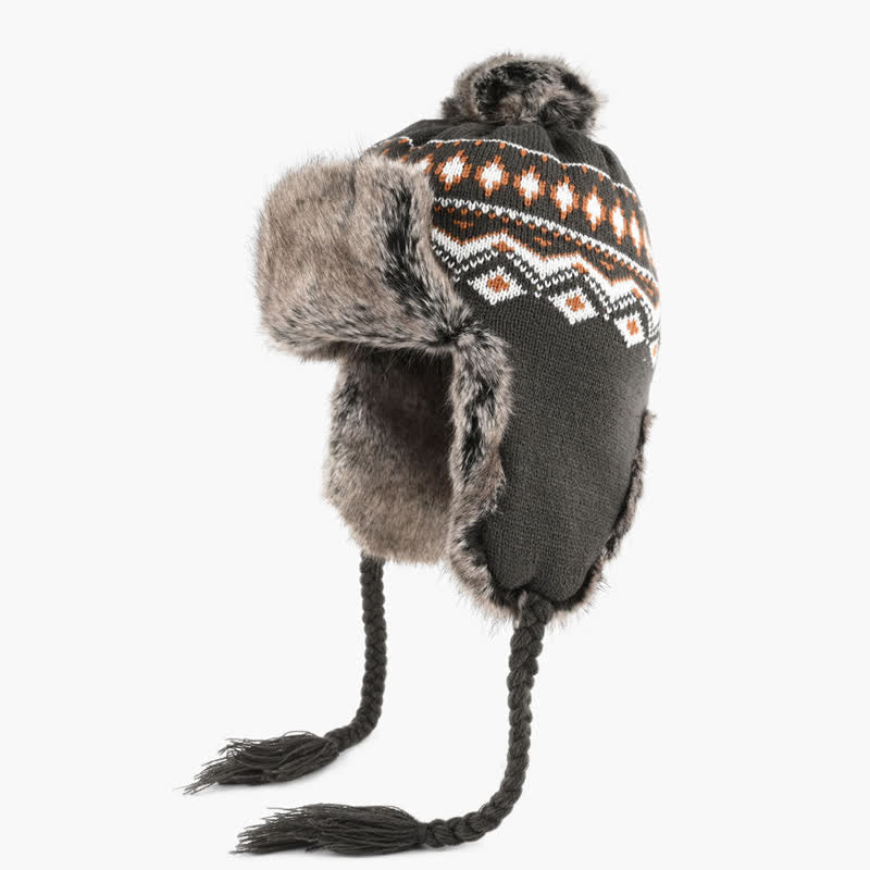 Buddha Stones Cappello da aviatore invernale da donna in stile nordico con finiture in peluche e motivi geometrici. - Grigio - image 1