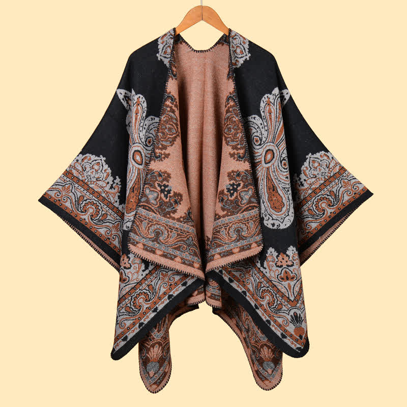 Buddha Stones Sciarpa da donna a maniche a pipistrello, aperta sul davanti, con stampa boho paisley, per autunno/inverno. - Nero - image 1