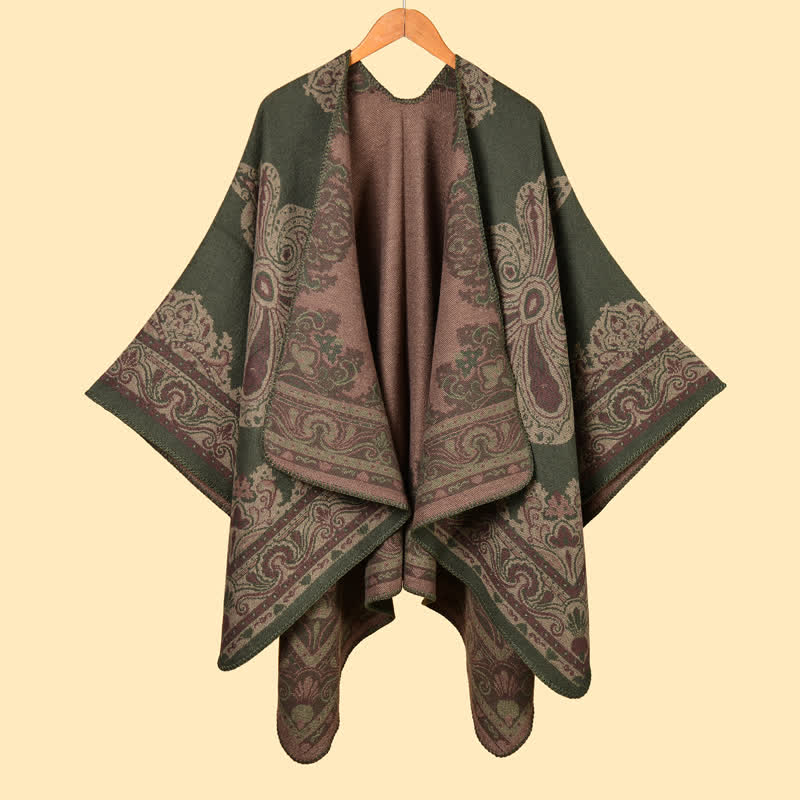 Buddha Stones Sciarpa da donna a maniche a pipistrello, aperta sul davanti, con stampa boho paisley, per autunno/inverno. - Verde Mare Scuro - image 0