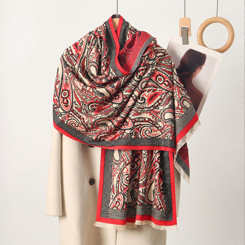 Buddha Stones Sciarpa da donna morbida, stile vintage autunno/inverno, con stampa paisley e nappe. - Rosso - image 0