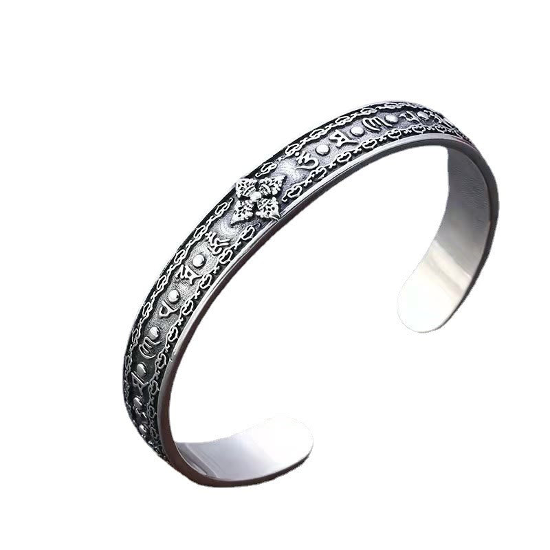 Bracciale rigido con Buddha Stones in argento sterling 925 Om Mani Padme Hum con doppio Dorje inciso e saggezza