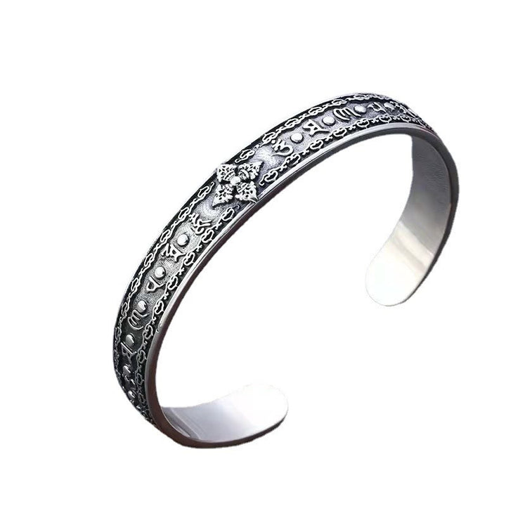Bracciale rigido con Buddha Stones in argento sterling 925 Om Mani Padme Hum con doppio Dorje inciso e saggezza