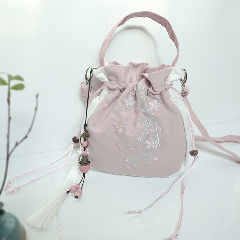 Borsa a tracolla in tela con fiori ricamati a mano con Buddha Stones