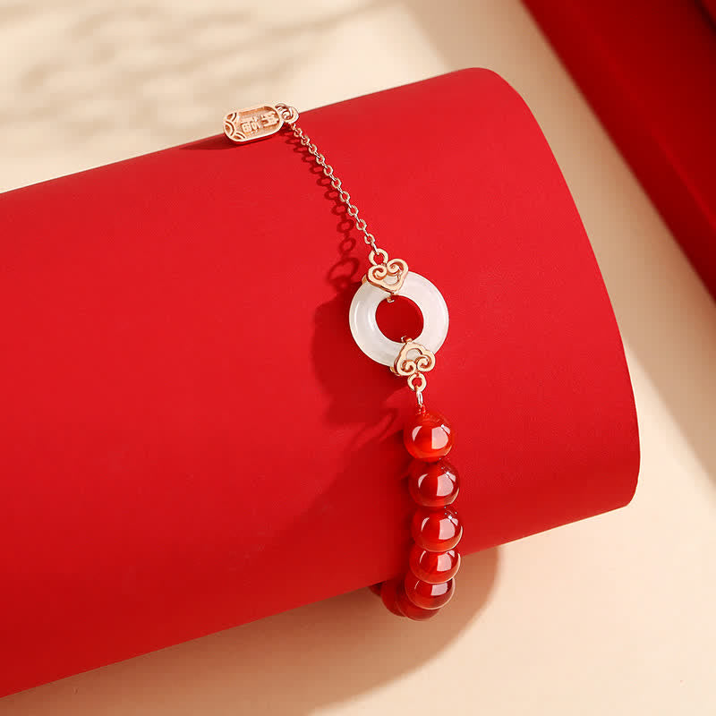 Bracciale Buddha Stones 925 Sterling Silver Agata rossa naturale Giada bianca Fibbia della pace Braccialetto di fiducia
